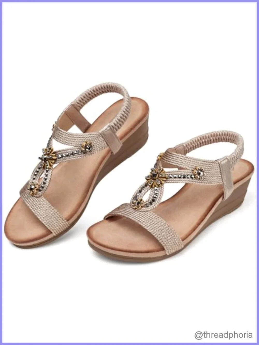 Low Heel Wedge Sandals with Cushioning, Open Toe, Elastic Ankle Strap, Dressy
